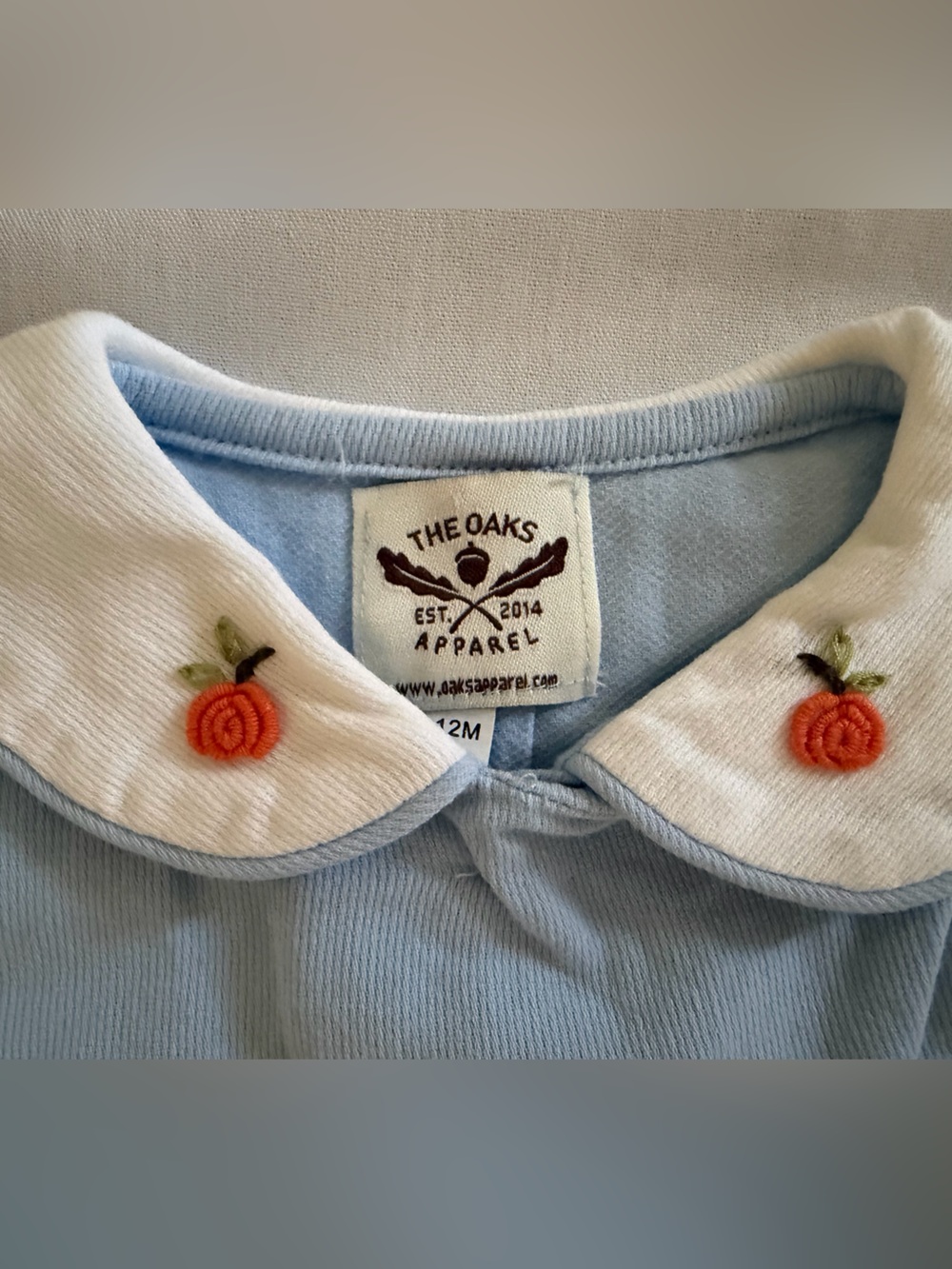 The Oaks Apparel Fall Baby Set with Embroidered Pumpkin Collar 12m